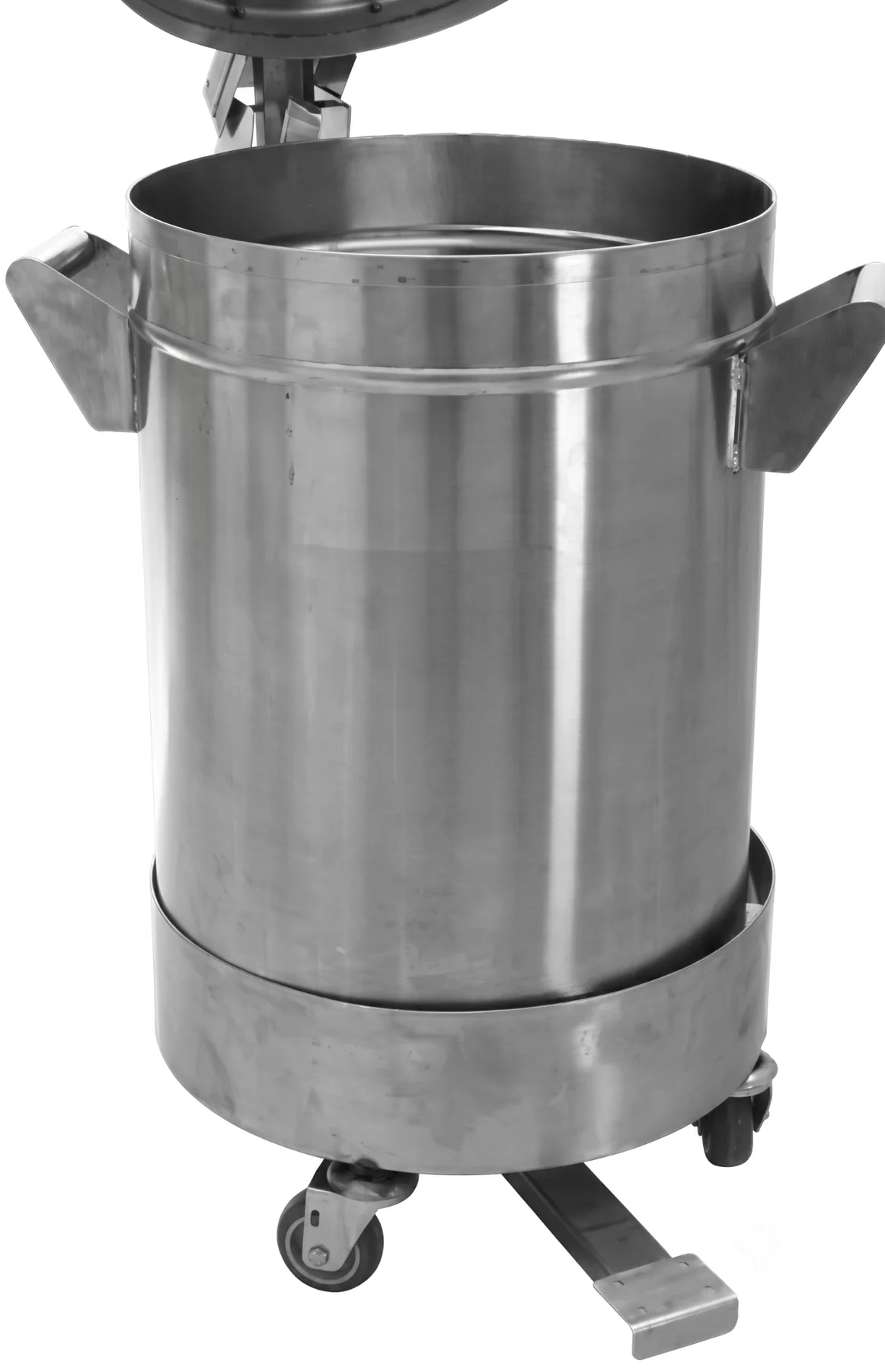 Lixeira industrial cilíndrica em aço inox com pedal e rodízios