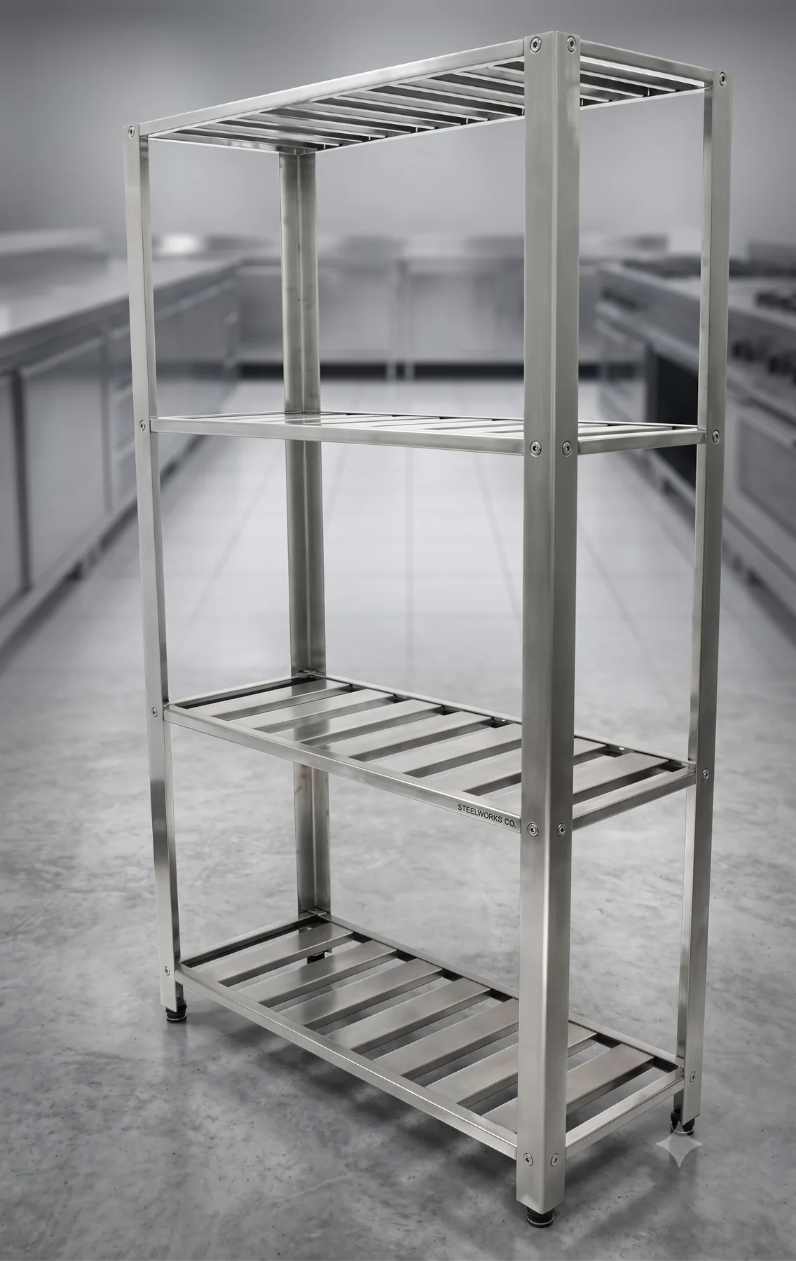 Prateleira industrial de grade em aço inox em cozinha profissional